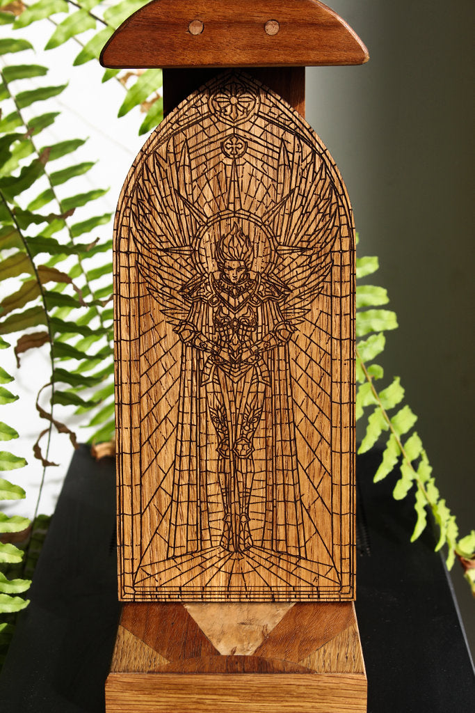 light of the battle sister warhammer inspired engraved oak decorative panel