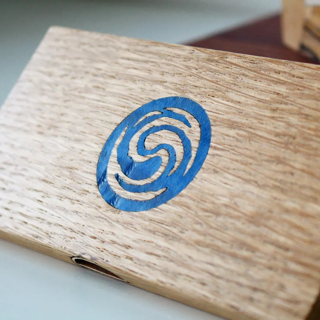 altered wooden deck box, accessory for trading card game, marquetry