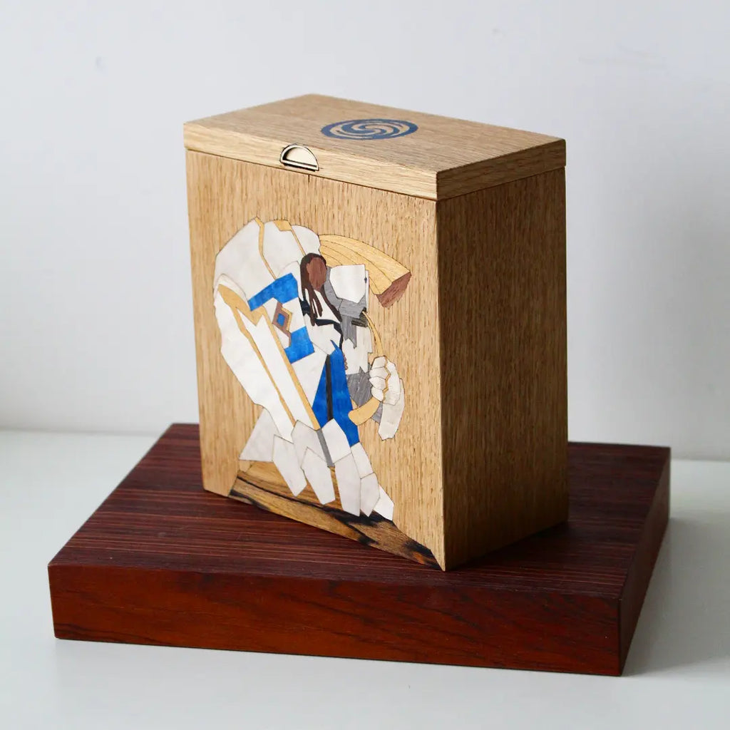 altered wooden deck box, accessory for trading card game