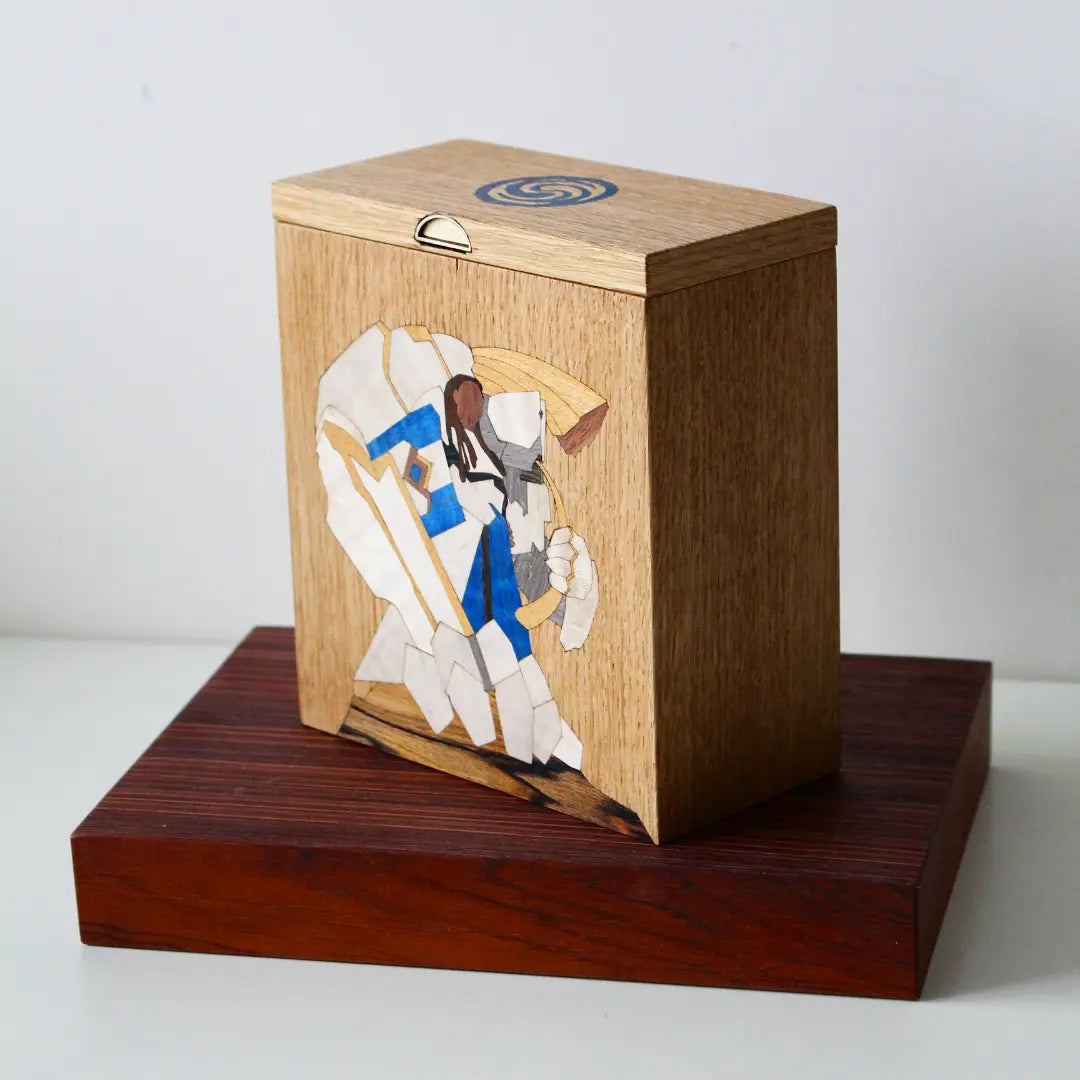 altered wooden deck box, accessory for trading card game