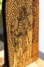 Guardian Spear, stained glass window effect, engraved oak decorative panel