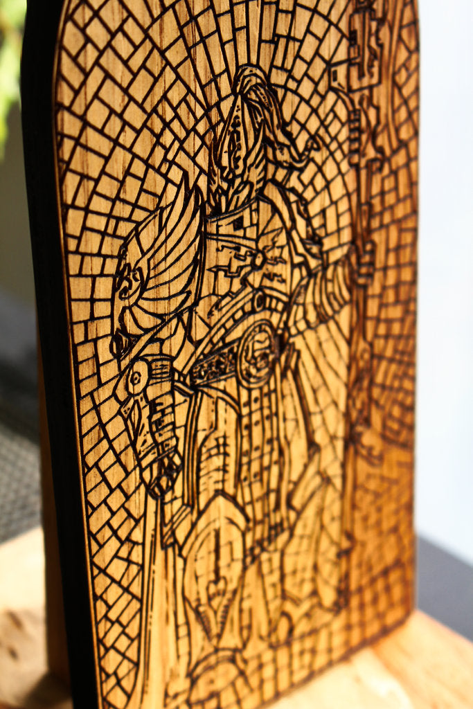 Guardian Spear, stained glass window effect, engraved oak decorative panel