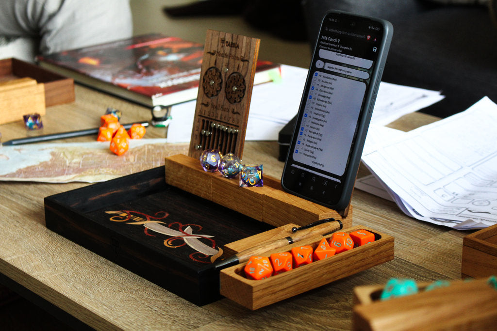 ebony dice tray, oak dice container, walnut character sheet, walnut phone support