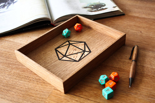 oak D20 icosahedron dice tray